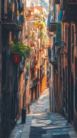 Narrow European alleyway curves between tall, sunlit buildings