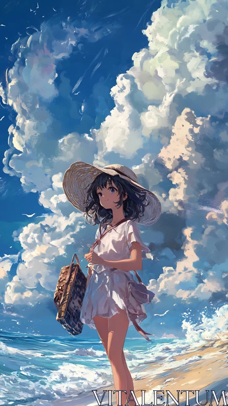 Summer beach girl under towering painterly clouds.