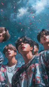 Stargazing youth beneath swirling petals and cosmic sky.