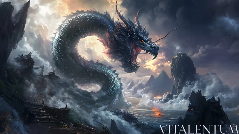 Stormlit sea dragon rising above ancient coastal temples.