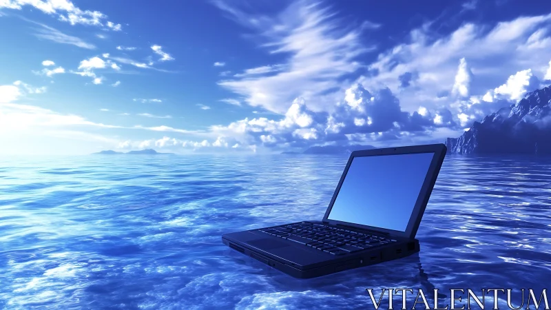 Laptop computer rests partially submerged in bright open ocean