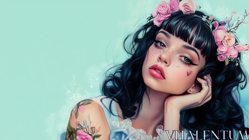 Digital portrait of floral-adorned girl with stylized freckles and tattoos
