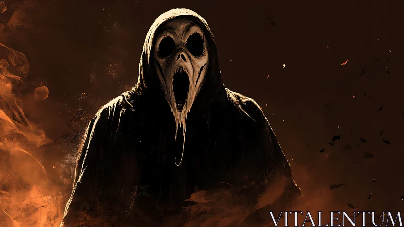 Hooded specter screams from swirling embers and darkness