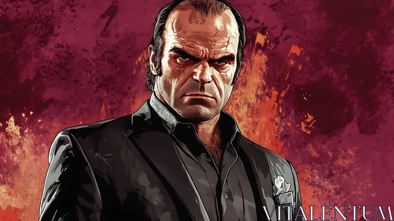 Comic portrait of stern suited man on explosive backdrop.