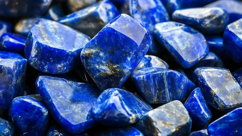 Polished blue lapis lazuli stones are shown in close view