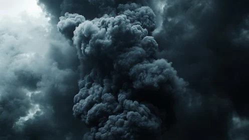 Dense vertical column of dark smoke in cloudy sky.