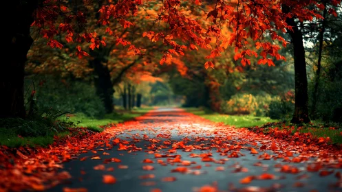 Shallow-depth autumn lane captures receding vanishing-point perspective