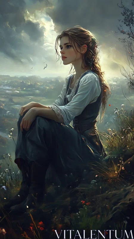 Stormlit maiden contemplating a misty valley horizon.