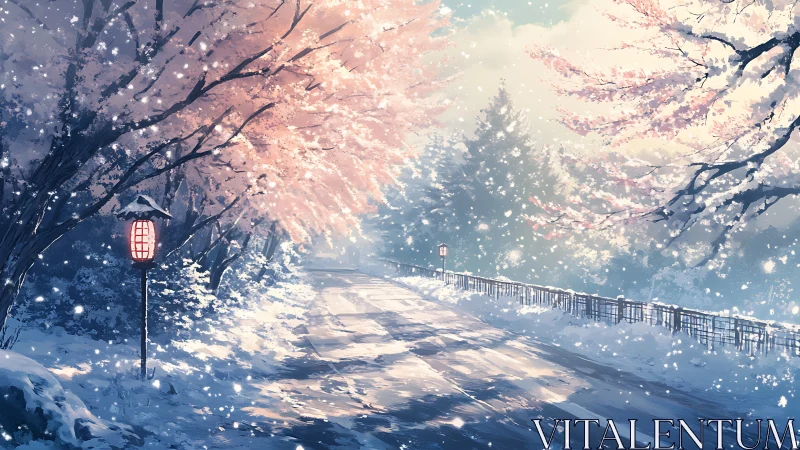 Snowy sakura lane glows softly beneath falling winter light