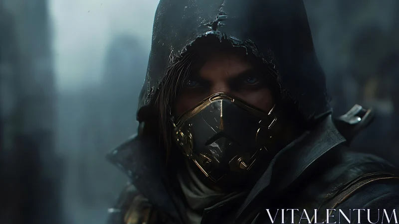 Cyberpunk hooded operative portrait with metallic respirator mask.