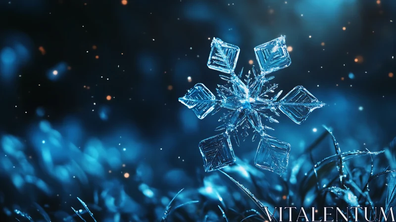 Single hexagonal snowflake over frozen grass at night.