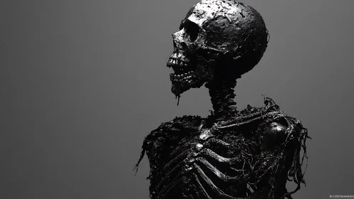 Black tar-covered human skeleton on gray background.