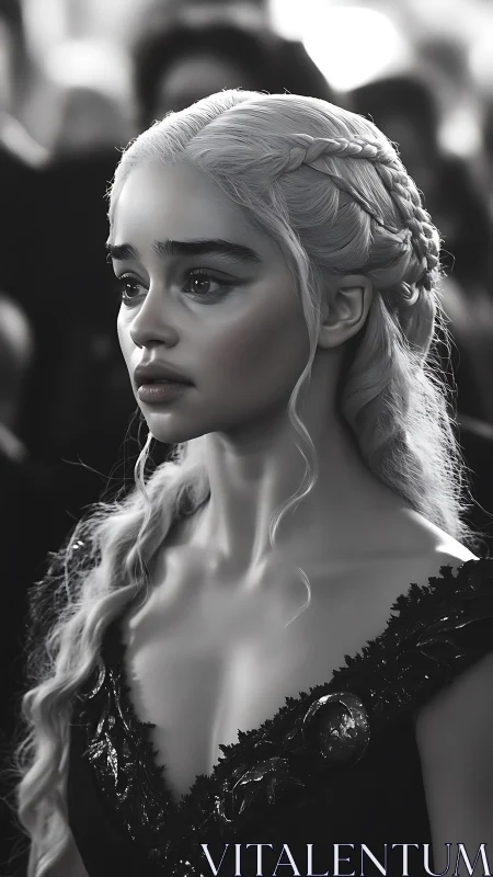 Silver haired woman in ornate black gown, stoic gaze.