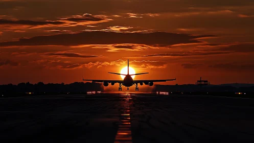Passenger jet silhouette lands against a blazing sunset sky