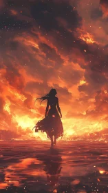 Silhouetted figure strides through reflective firestorm horizon glow