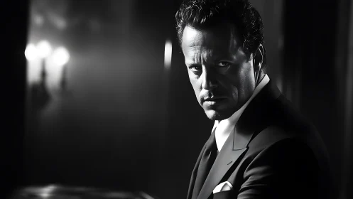 Monochrome portrait of suited man in low key interior setting.
