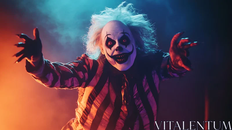 Striped costume clown under colored theatrical lighting.