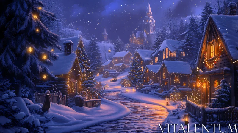 Snowy village lane glowing with cozy winter lights.