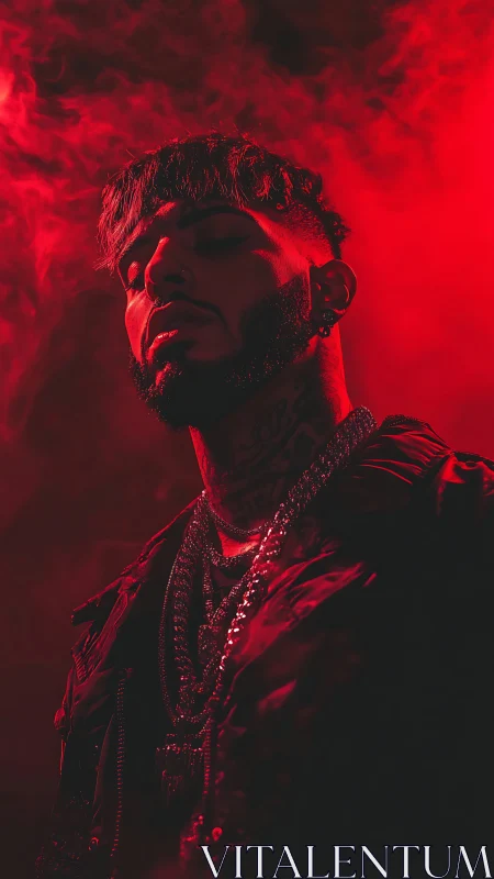 Moody red portrait of man in chains and smoke.