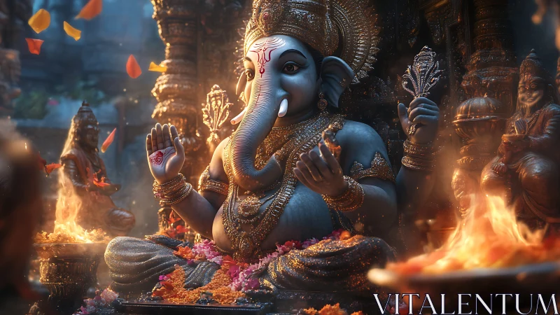 Luminous Ganesha amid swirling flames and marigold prayers.