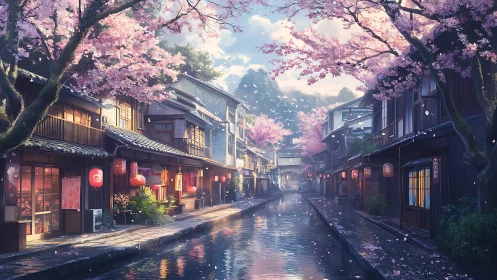 Cherry blossom canal street in traditional Japanese town at dusk.
