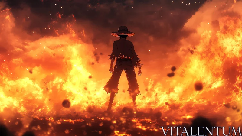 Lone straw-hatted wanderer strides unshaken through inferno.