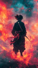Lone samurai walking through swirling inferno clouds.