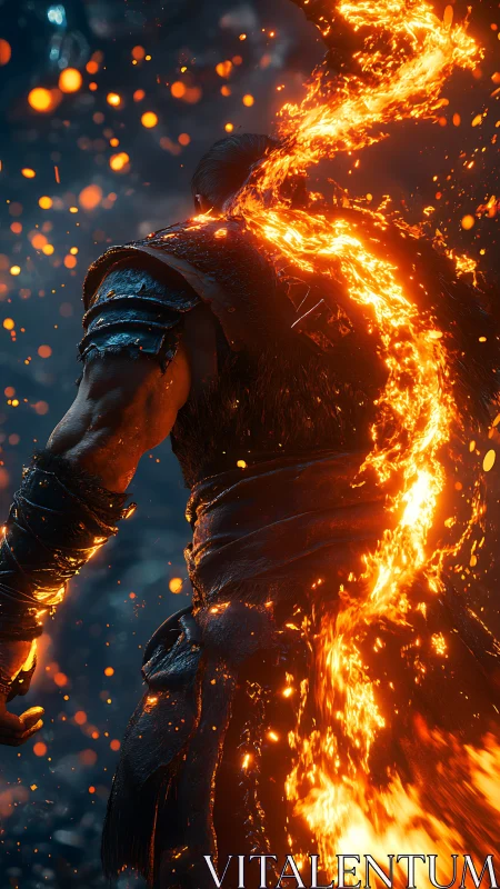 Flaming warrior strides through embers in molten twilight