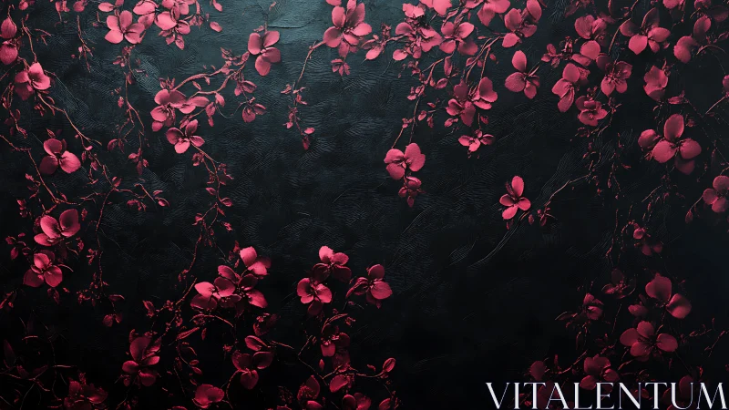 Red floral vines on textured dark surface in low light.