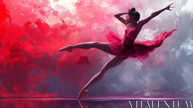 Ballet dancer in dynamic leap against abstract red gradient