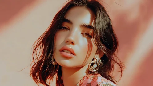 Sunlit close-up portrait in warm coral tonal palette.