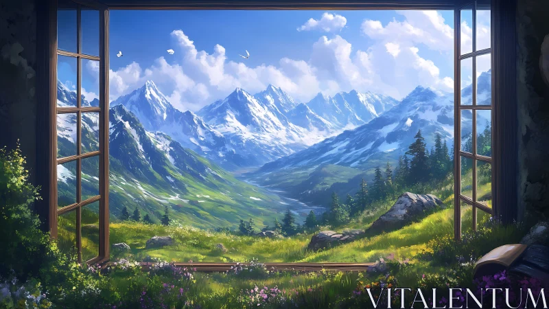 Mountain valley panorama framed by an open window.