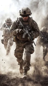 Soldiers in combat gear run forward through dense battlefield dust