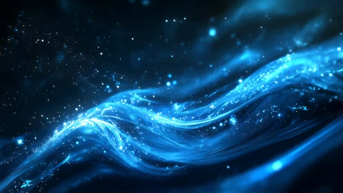 Glowing blue energy waves flow across dark starfield space