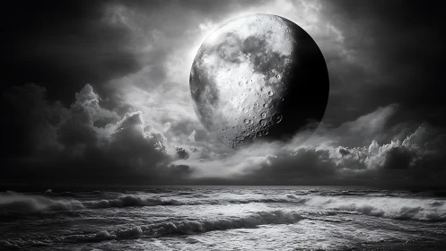 Colossal lunar tide quietly invades a stormlit monochrome sea