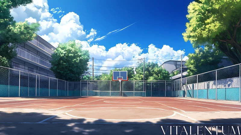 Sunlit schoolyard court awaiting the day’s first echoing shot.