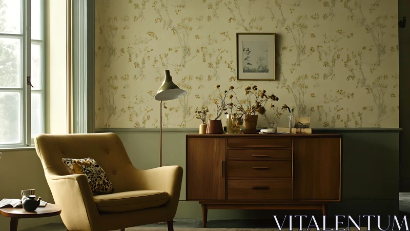 Cozy mid century living room with soft golden afternoon light.