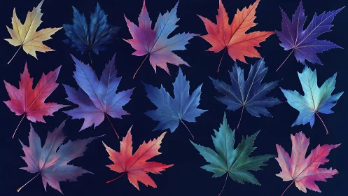 Colorful maple leaves dancing gently across deep night blue.