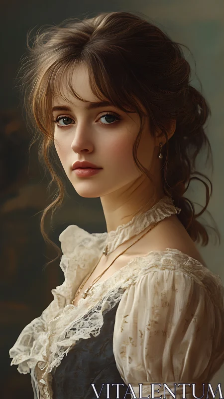 Portrait of young woman in vintage lace dress, side view.