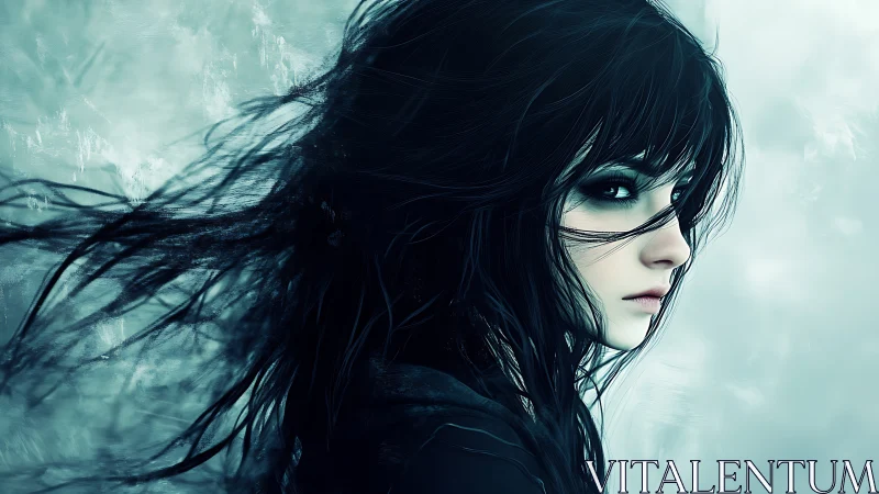 Dark haired girl in side profile against cold blue background.