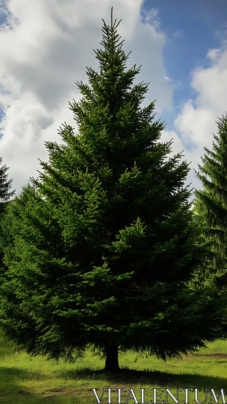 Sunlit evergreen tree standing quietly under soft clouds.