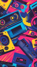 Bold retro audio devices in neon pop art composition.
