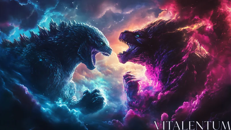 Celestial kaiju roar twin cosmic storms into furious life