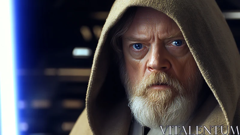 Hooded elder warrior stares ahead beside glowing blade.