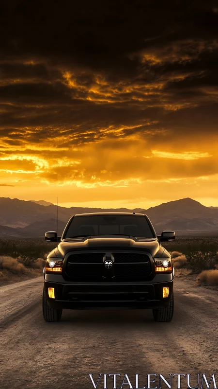 Front-lit black pickup truck on desert road under high-contrast sunset