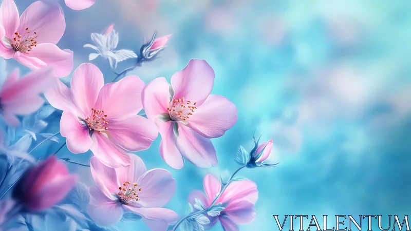 Pink Cosmos Flowers Against Soft Blue Bokeh Sky