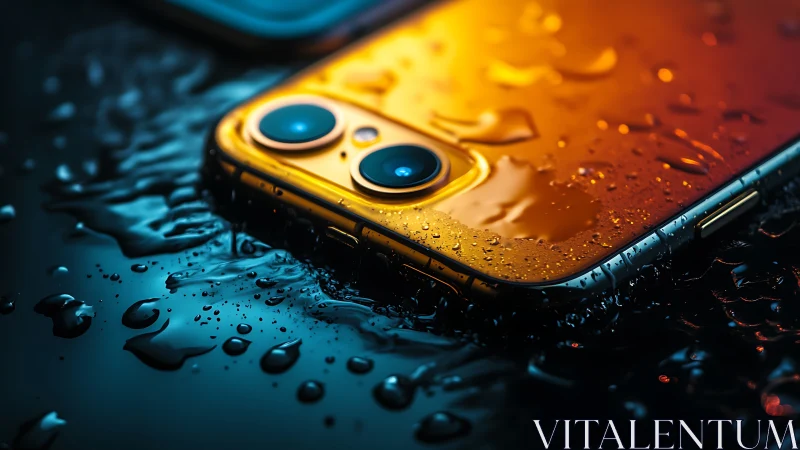 Smartphone close-up on wet surface with water droplets.
