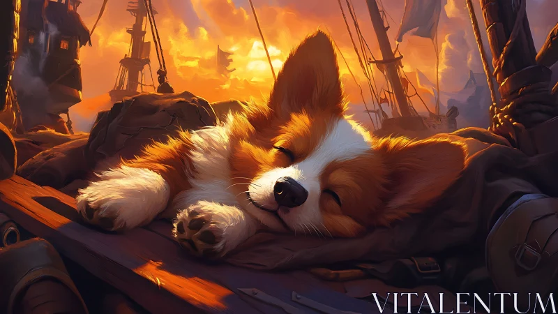 Sunset nap with a seafaring corgi on a dreamy deck.
