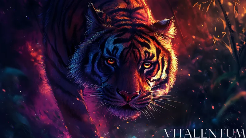 Bioluminescent-lit tiger portrait with high-contrast neon rim lighting