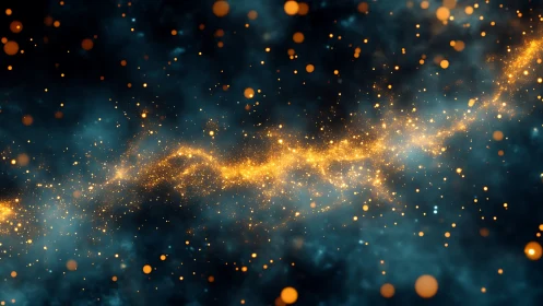 Dense golden particle stream arcs through deep teal volumetric haze